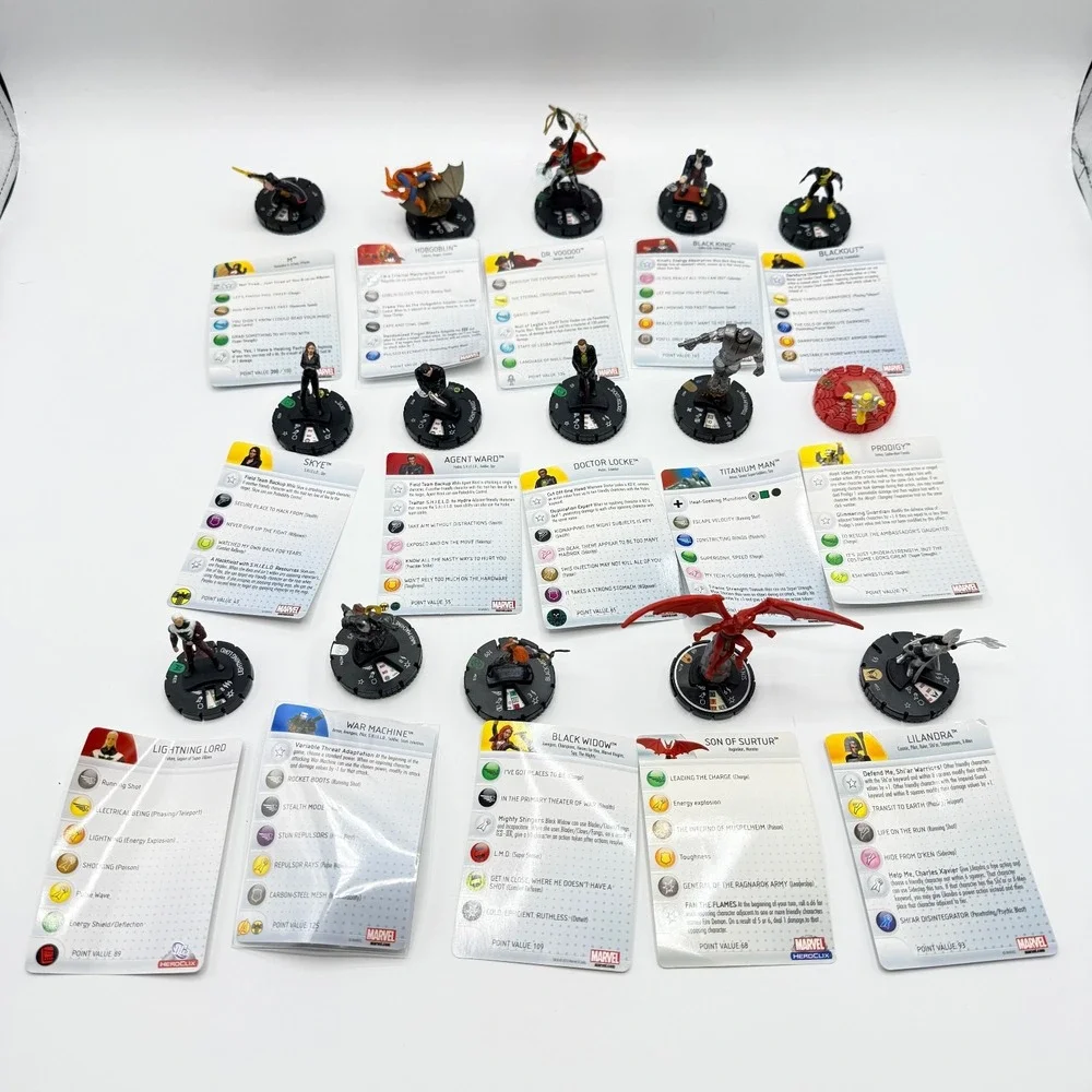 Heroclix Marvel Uncommon, Super Rare,‎ Unique Mixed Lot of 15 with Cards Lot K